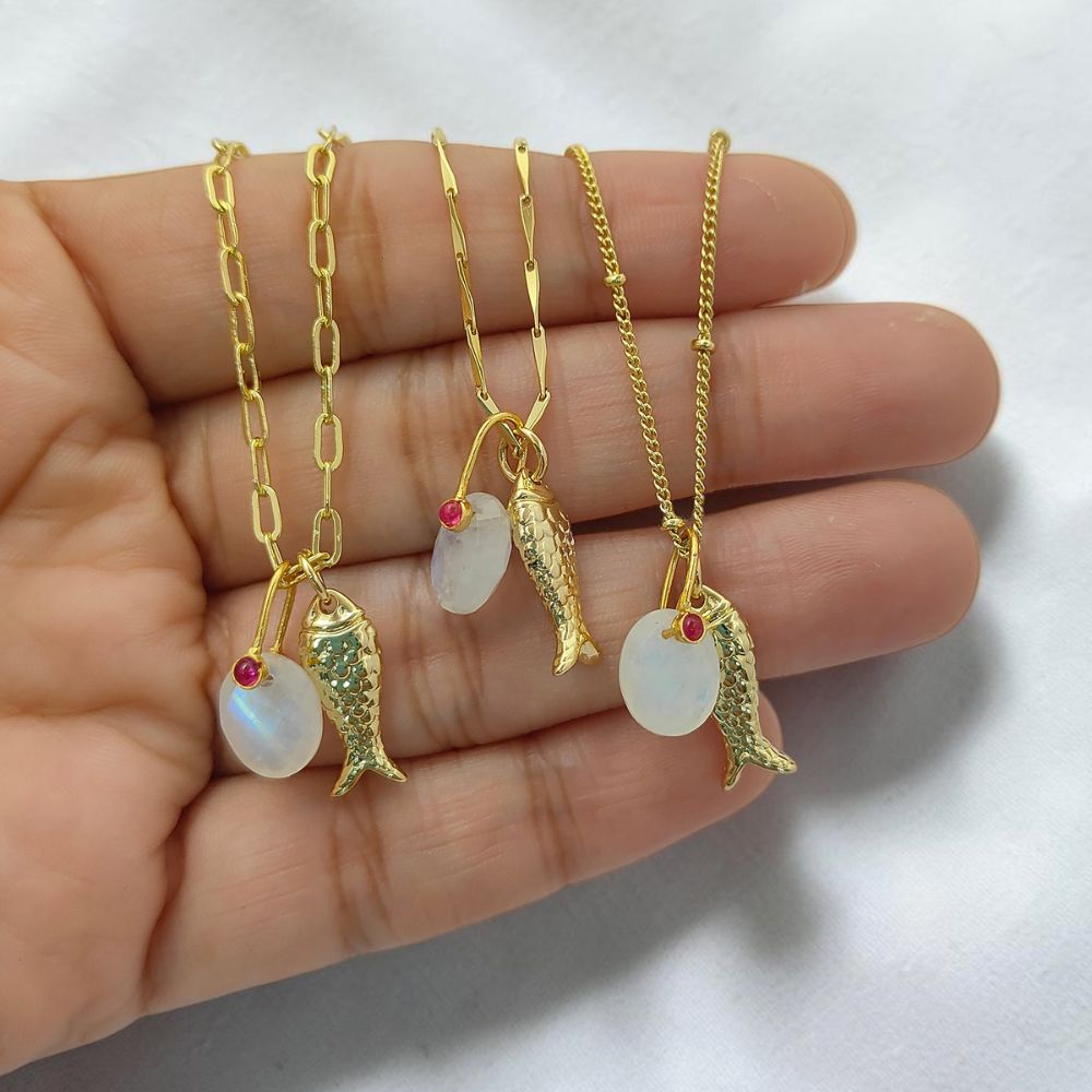 Gold Plated Rainbow Moonstone Fish Necklace, Tropical Beach Charm Pendant, Layered Ocean Inspired Jewelry for Women