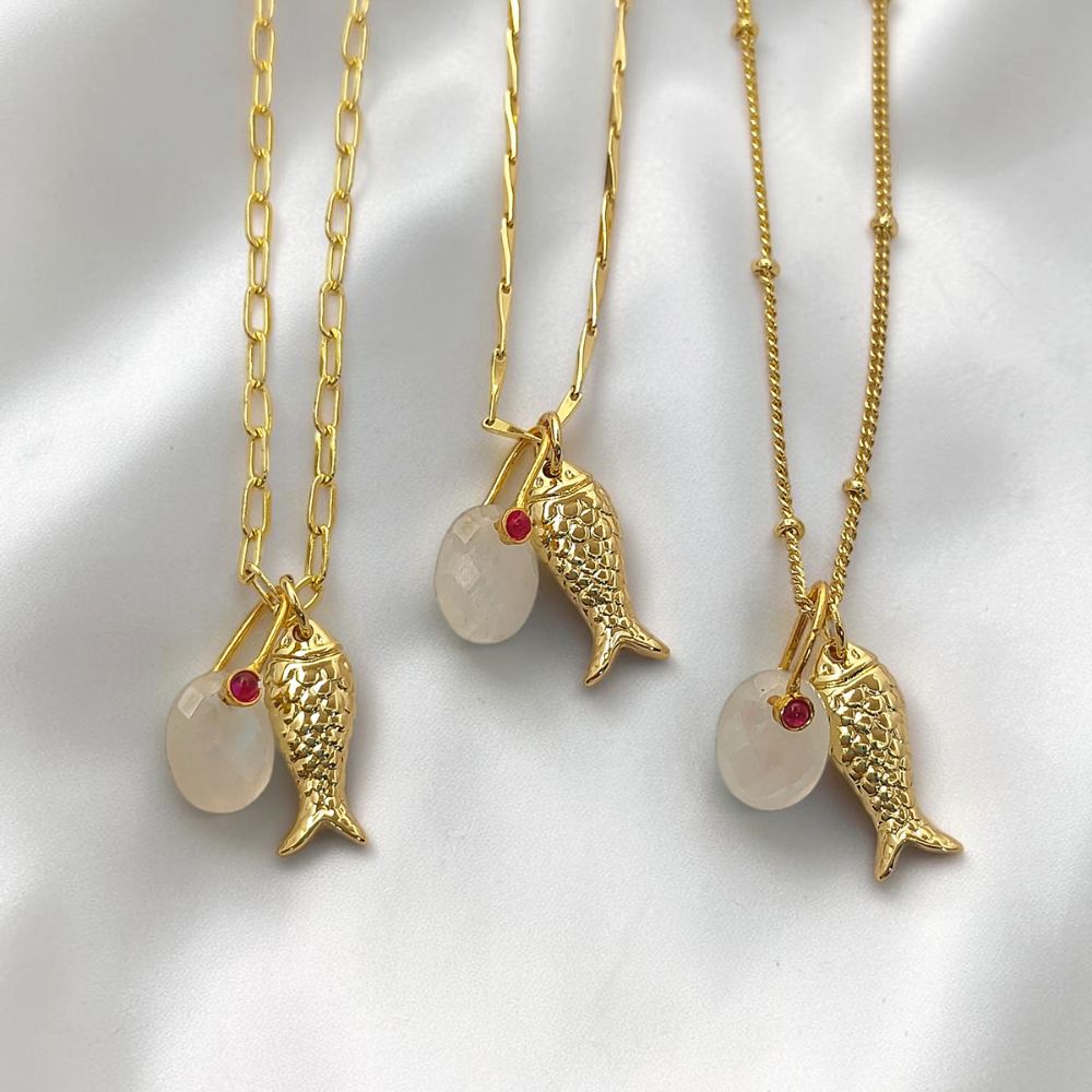 Gold Plated Rainbow Moonstone Fish Necklace, Tropical Beach Charm Pendant, Layered Ocean Inspired Jewelry for Women