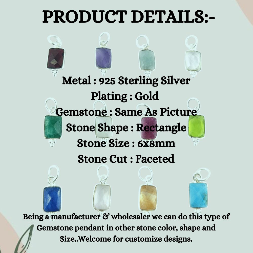 Gold Plated Sterling Silver 8x6mm Rectangle Gemstone Pendant Fancy Birthstone Charm for Jewelry Designers