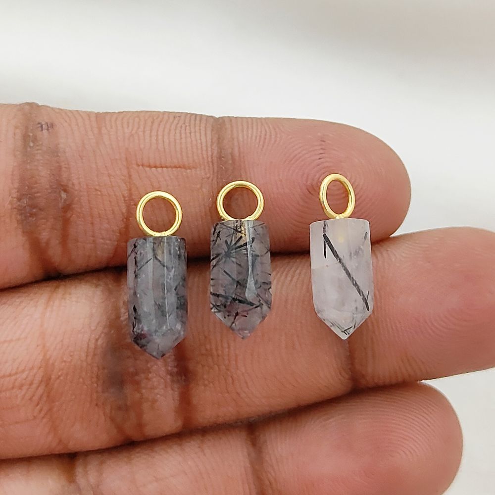 Gold Plated Sterling Silver Black Rutile Quartz Pendant 14x6mm Handcrafted Pencil Cut Gemstone Spike Charm- Selling Per Piece