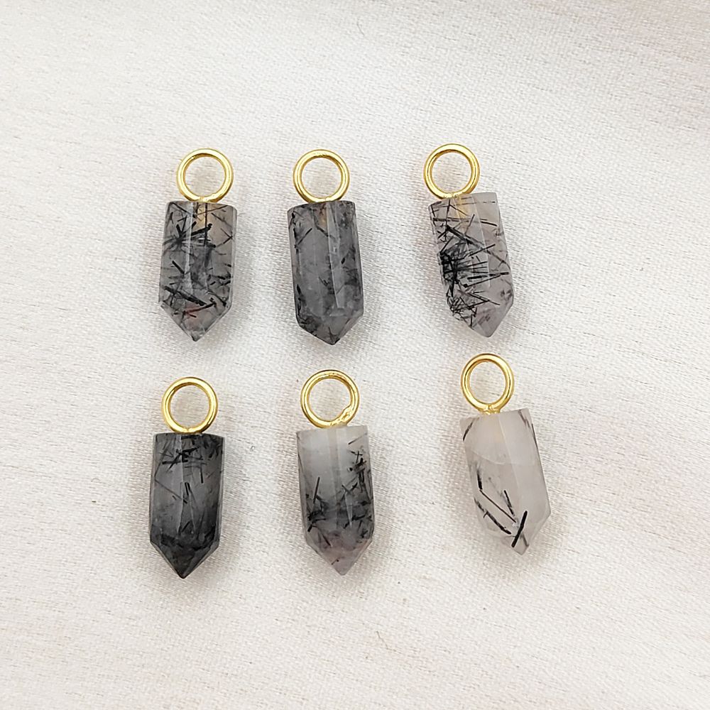 Gold Plated Sterling Silver Black Rutile Quartz Pendant 14x6mm Handcrafted Pencil Cut Gemstone Spike Charm- Selling Per Piece