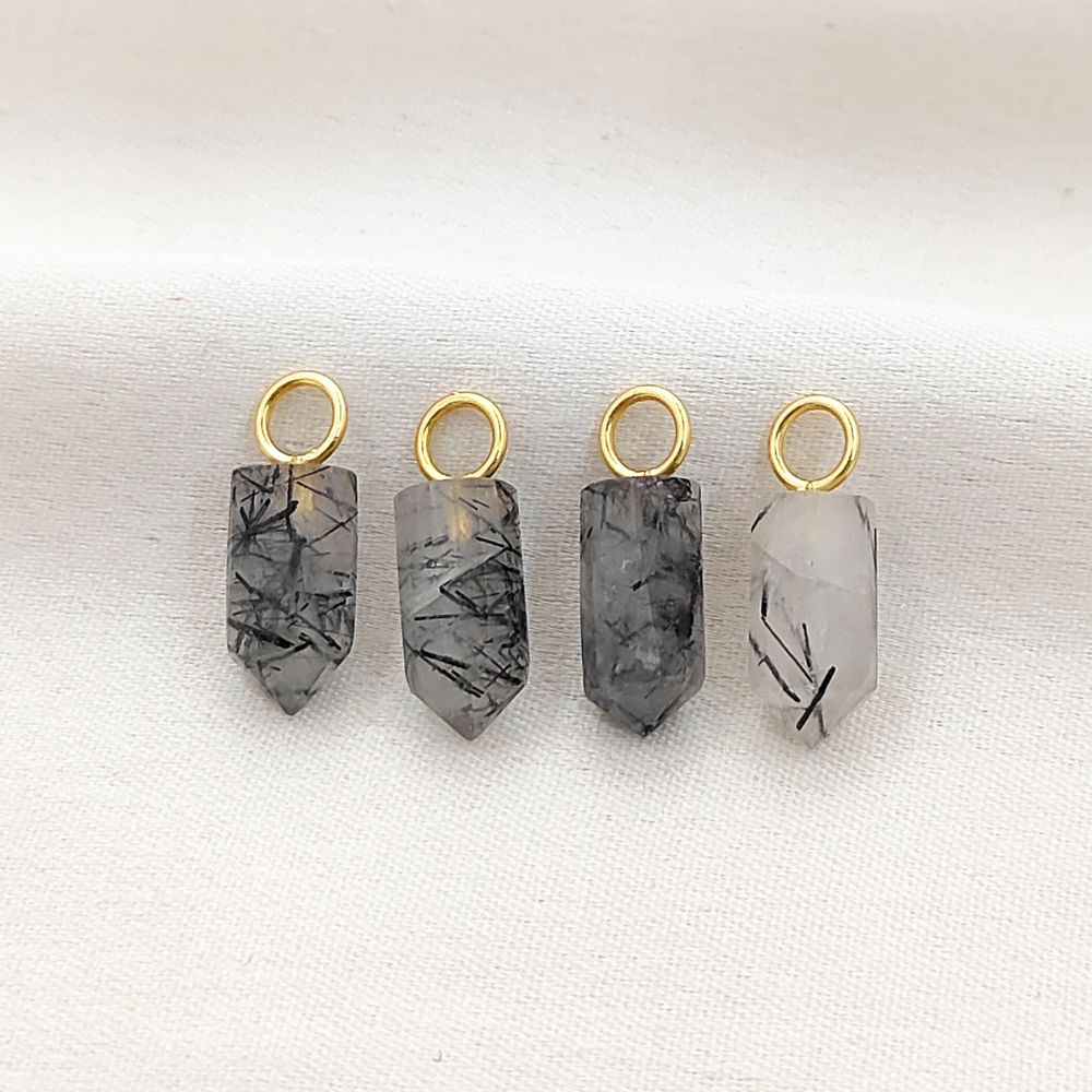 Gold Plated Sterling Silver Black Rutile Quartz Pendant 14x6mm Handcrafted Pencil Cut Gemstone Spike Charm- Selling Per Piece