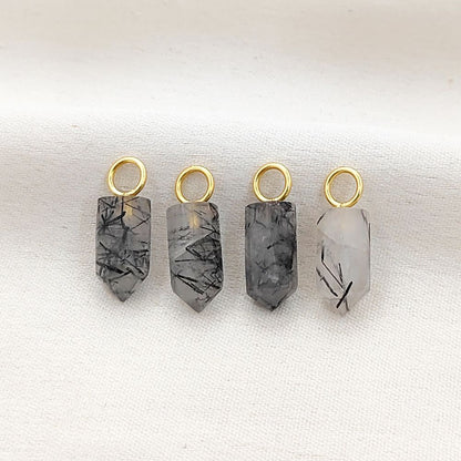 Gold Plated Sterling Silver Black Rutile Quartz Pendant 14x6mm Handcrafted Pencil Cut Gemstone Spike Charm- Selling Per Piece