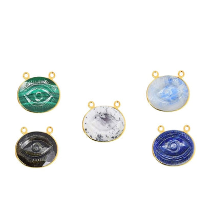 Gold Plated Sterling Silver Evil Eye Pendant 12x16mm Multi-Color Carved Gemstone Bezel Connector for Jewelry Making