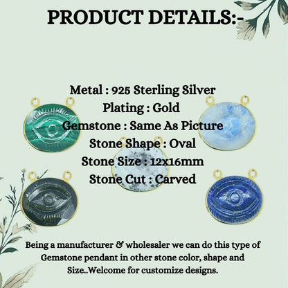 Gold Plated Sterling Silver Evil Eye Pendant 12x16mm Multi-Color Carved Gemstone Bezel Connector for Jewelry Making