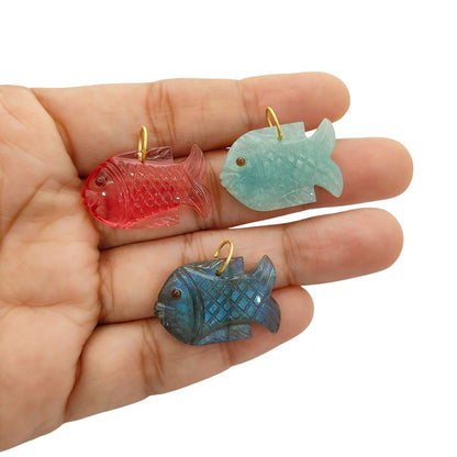 Gold Plated Sterling Silver Floating Fish Pendant Natural Gemstone Hand-Carved Charm for DIY Jewelry & Craft Designs- Selling Per Piece