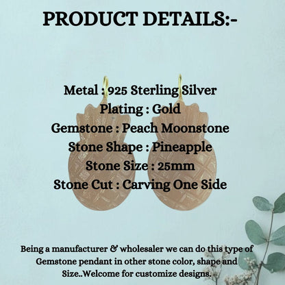 Gold Plated Sterling Silver Peach Moonstone Pendant Carved Pineapple Gemstone Charm for Women’s Handmade Jewelry- Selling Per Piece