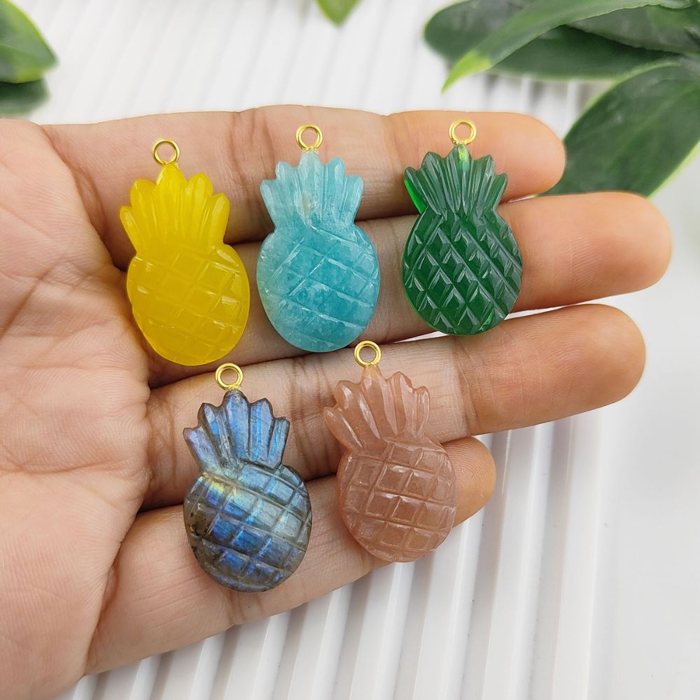 Gold Plated Sterling Silver Peach Moonstone Pendant Carved Pineapple Gemstone Charm for Women’s Handmade Jewelry- Selling Per Piece