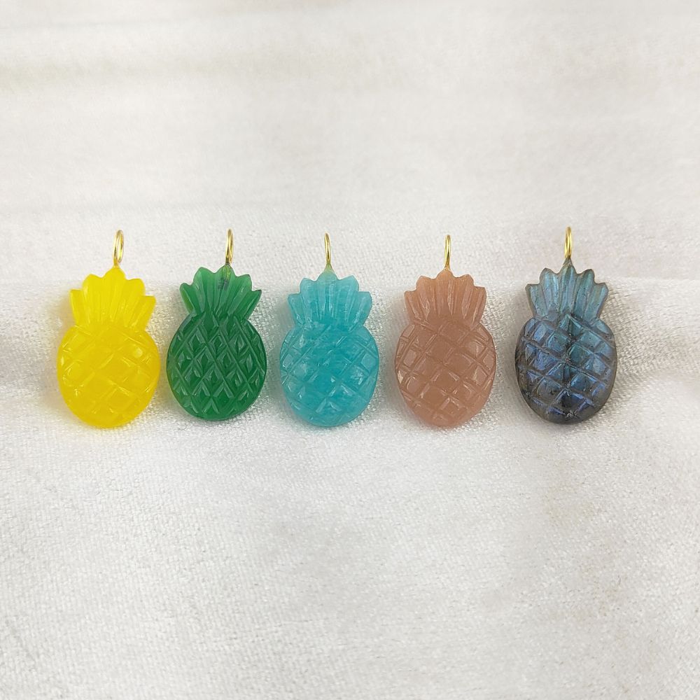 Gold Plated Sterling Silver Peach Moonstone Pendant Carved Pineapple Gemstone Charm for Women’s Handmade Jewelry- Selling Per Piece