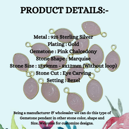 Gold Plated Sterling Silver Pink Chalcedony Evil Eye Pendant Handmade Crystal Jewelry Charm- Selling Per Piece