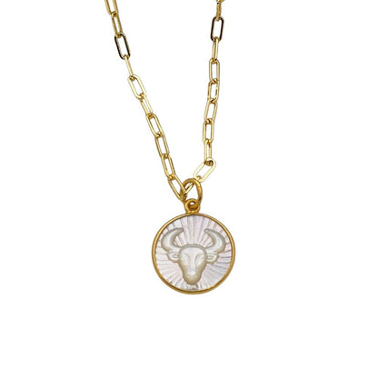 Gold Plated Taurus Horoscope Necklace with Mother of Pearl Pendant Stylish Astrology Jewelry Gift for Her- Selling Per Piece