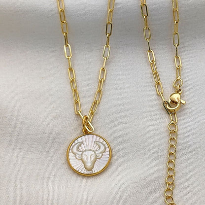Gold Plated Taurus Horoscope Necklace with Mother of Pearl Pendant Stylish Astrology Jewelry Gift for Her- Selling Per Piece