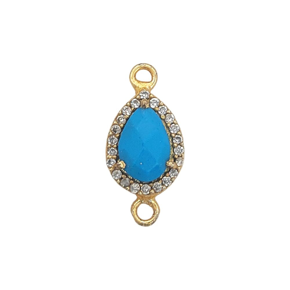 Gold Plated Turquoise Oval Double Loop Charm with Cubic Zirconia Halo December Birthstone Jewelry Connector- Selling Per Piece