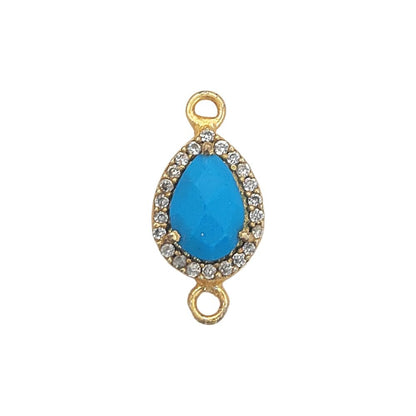 Gold Plated Turquoise Oval Double Loop Charm with Cubic Zirconia Halo December Birthstone Jewelry Connector- Selling Per Piece