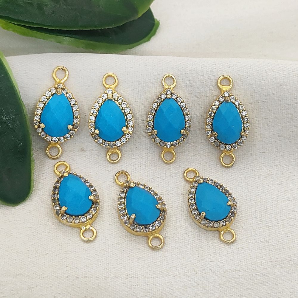 Gold Plated Turquoise Oval Double Loop Charm with Cubic Zirconia Halo December Birthstone Jewelry Connector- Selling Per Piece