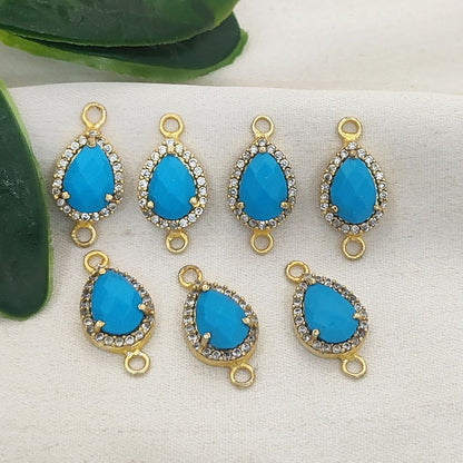 Gold Plated Turquoise Oval Double Loop Charm with Cubic Zirconia Halo December Birthstone Jewelry Connector- Selling Per Piece
