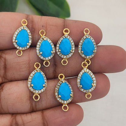 Gold Plated Turquoise Oval Double Loop Charm with Cubic Zirconia Halo December Birthstone Jewelry Connector- Selling Per Piece