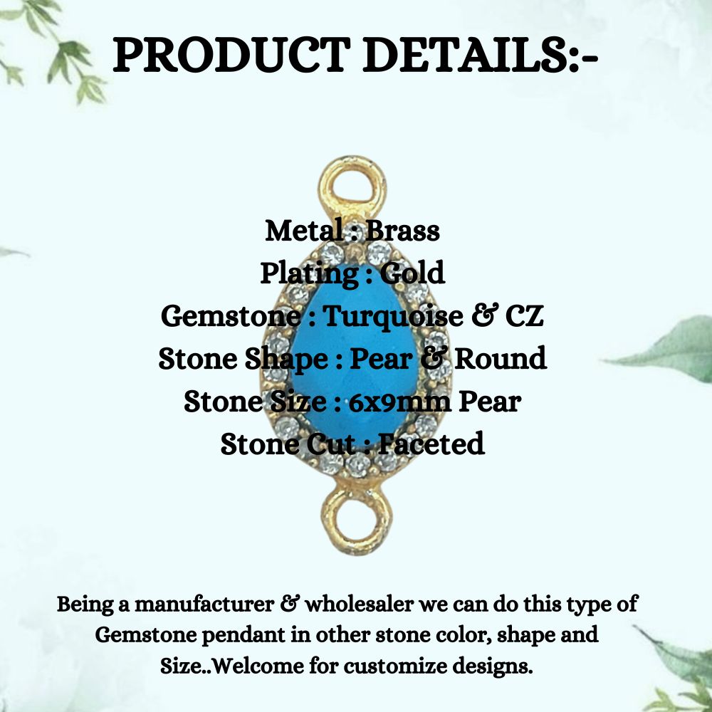 Gold Plated Turquoise Oval Double Loop Charm with Cubic Zirconia Halo December Birthstone Jewelry Connector- Selling Per Piece