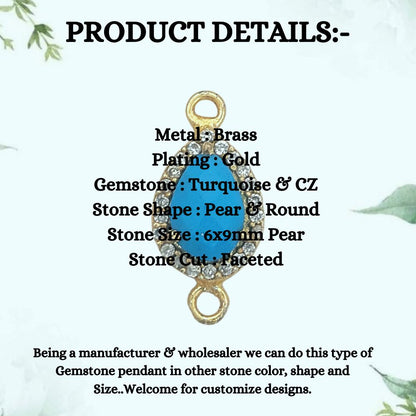 Gold Plated Turquoise Oval Double Loop Charm with Cubic Zirconia Halo December Birthstone Jewelry Connector- Selling Per Piece