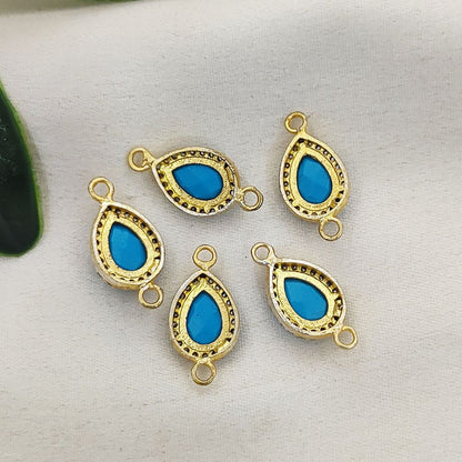 Gold Plated Turquoise Oval Double Loop Charm with Cubic Zirconia Halo December Birthstone Jewelry Connector- Selling Per Piece