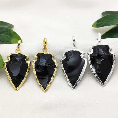Gold/Silver Electroplated Black Onyx Arrowhead, Tribal Gemstone Pendant for DIY Bohemian Jewelry Creations – Selling Per Piece m agar