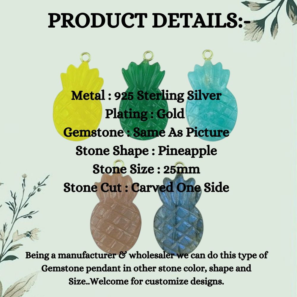 Gold Vermeil Pineapple Gemstone Pendant Hand-Carved Fruit Charm for DIY Necklace & Jewelry Design