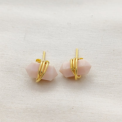 Gold Vermeil Pink Opal Stud Earrings, Natural 12x5mm Handmade Gemstone Jewelry – Selling Per Pair