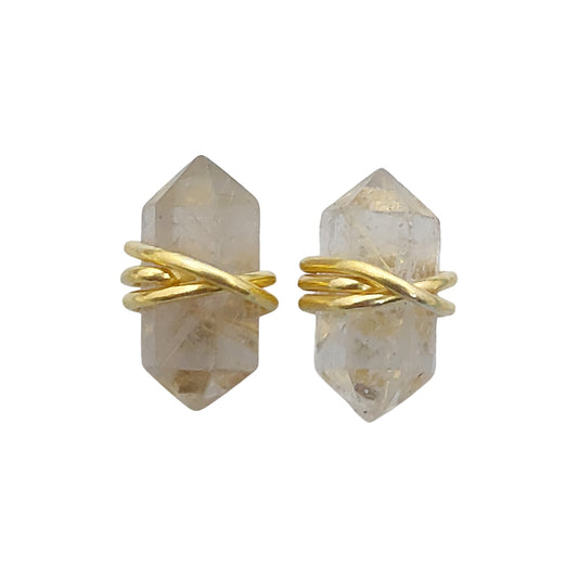 Gold Vermeil Wire Wrapped Golden Rutile Quartz Earrings 12x5mm Handmade Double Point Studs for Women- Selling Per Pair