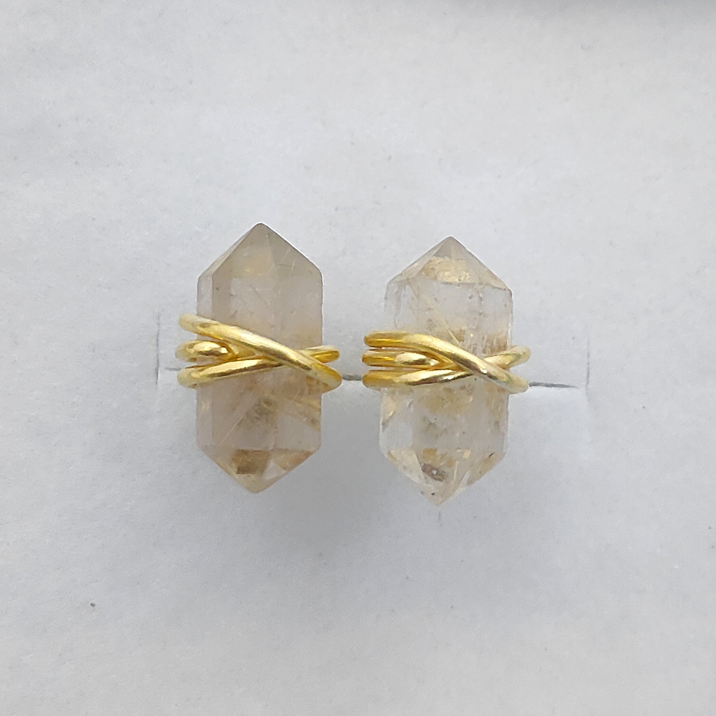 Gold Vermeil Wire Wrapped Golden Rutile Quartz Earrings 12x5mm Handmade Double Point Studs for Women- Selling Per Pair