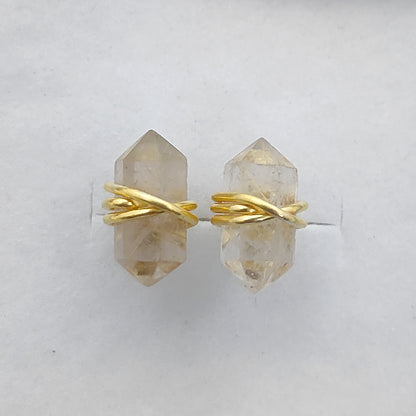 Gold Vermeil Wire Wrapped Golden Rutile Quartz Earrings 12x5mm Handmade Double Point Studs for Women- Selling Per Pair