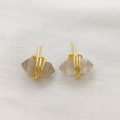 Gold Vermeil Wire Wrapped Golden Rutile Quartz Earrings 12x5mm Handmade Double Point Studs for Women- Selling Per Pair