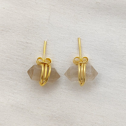 Gold Vermeil Wire Wrapped Golden Rutile Quartz Earrings 12x5mm Handmade Double Point Studs for Women- Selling Per Pair