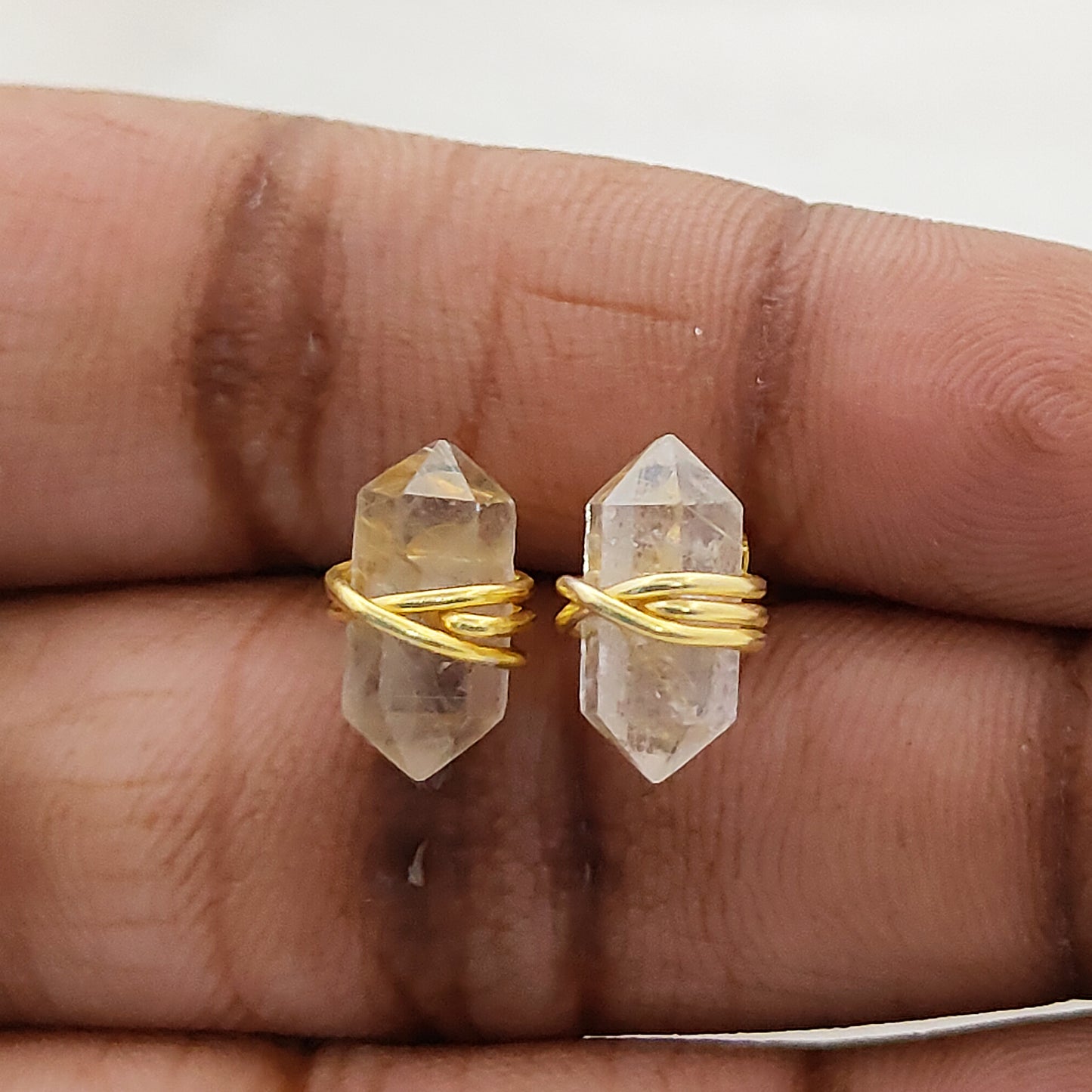 Gold Vermeil Wire Wrapped Golden Rutile Quartz Earrings 12x5mm Handmade Double Point Studs for Women- Selling Per Pair