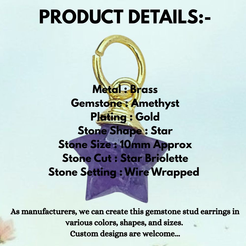 Gold Wrapped Amethyst Star Charm Faceted Natural Gemstone Pendant for Handmade Jewelry