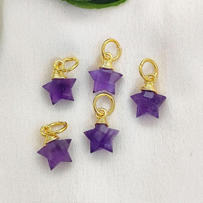 Gold Wrapped Amethyst Star Charm Faceted Natural Gemstone Pendant for Handmade Jewelry