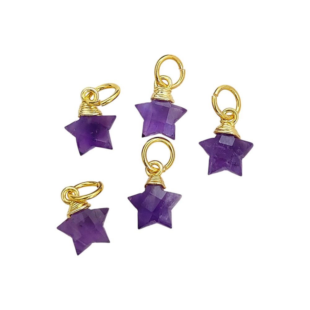 Gold Wrapped Amethyst Star Charm Faceted Natural Gemstone Pendant for Handmade Jewelry