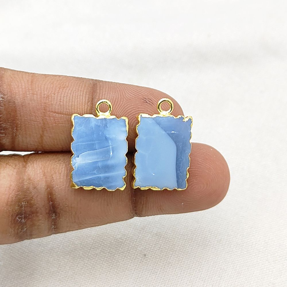Handmade Gold Electroplated Blue Opal Pendant, 16x12mm Rectangle Zig Zag Gemstone Slice Necklace
