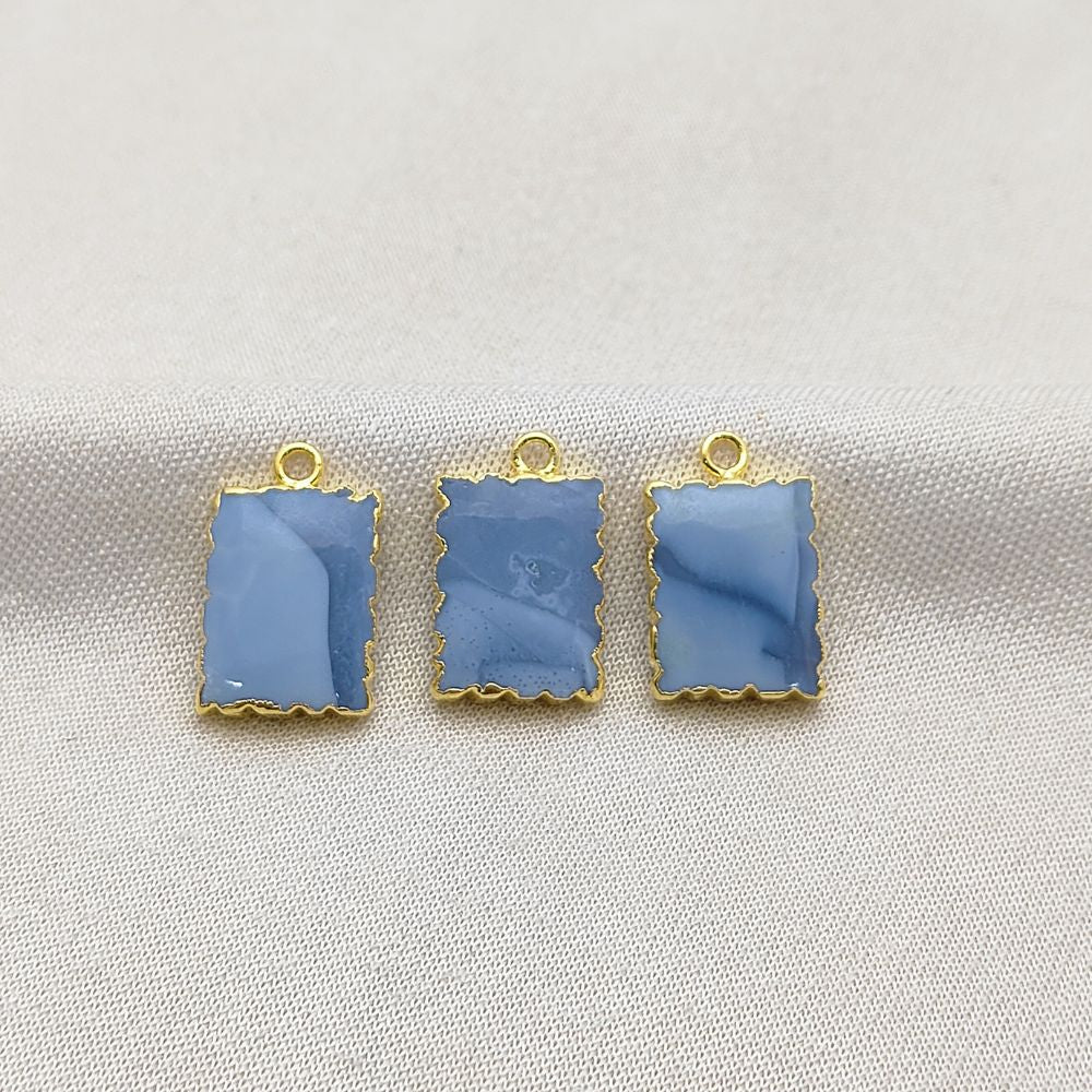 Chic Gold Electroplated Blue Opal Pendant, Zig Zag Design, 16x12mm Rectangle Gemstone Slice Necklace