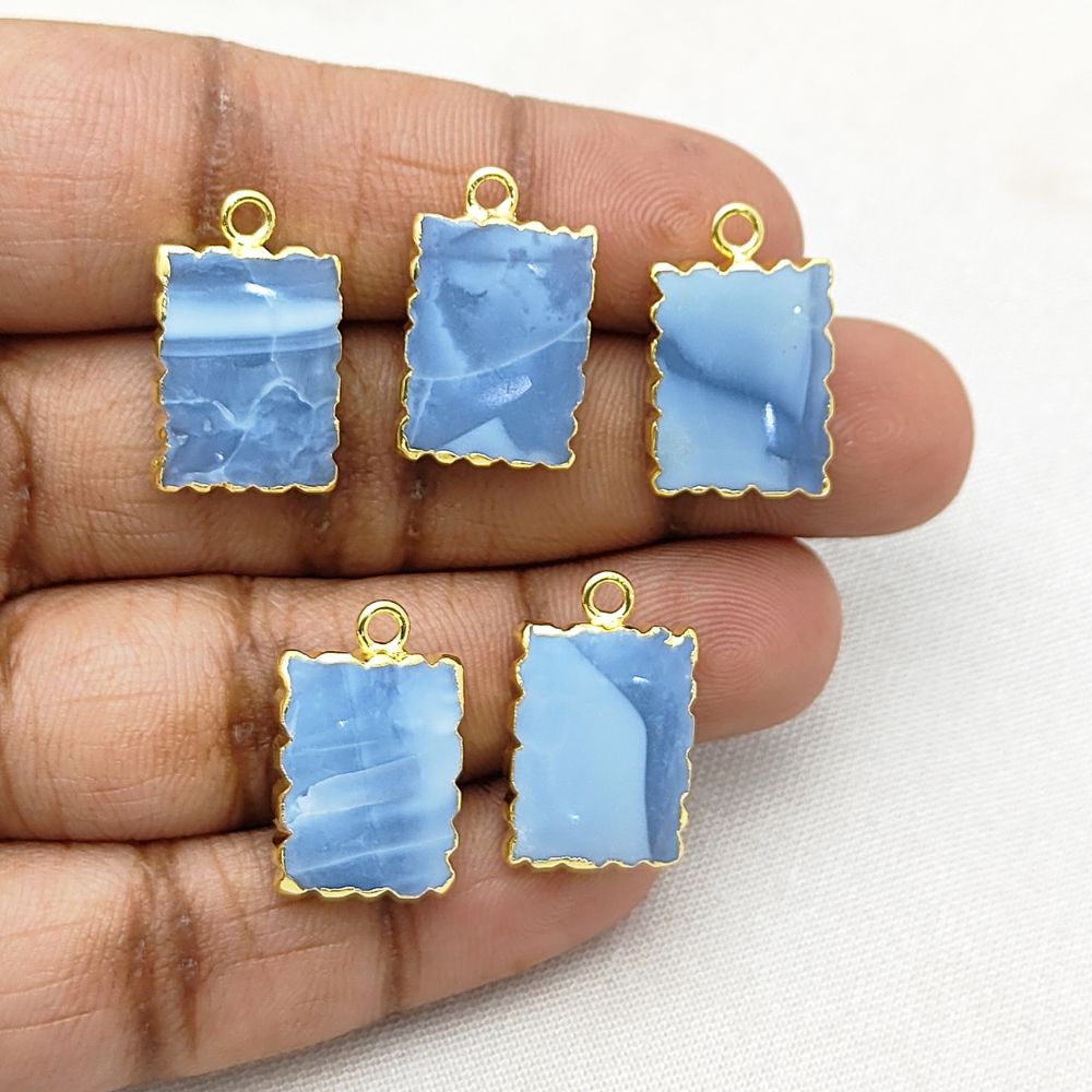 16x12mm Blue Opal Zig Zag Pendant Necklace, Gold Electroplated Rectangle Gemstone Slice
