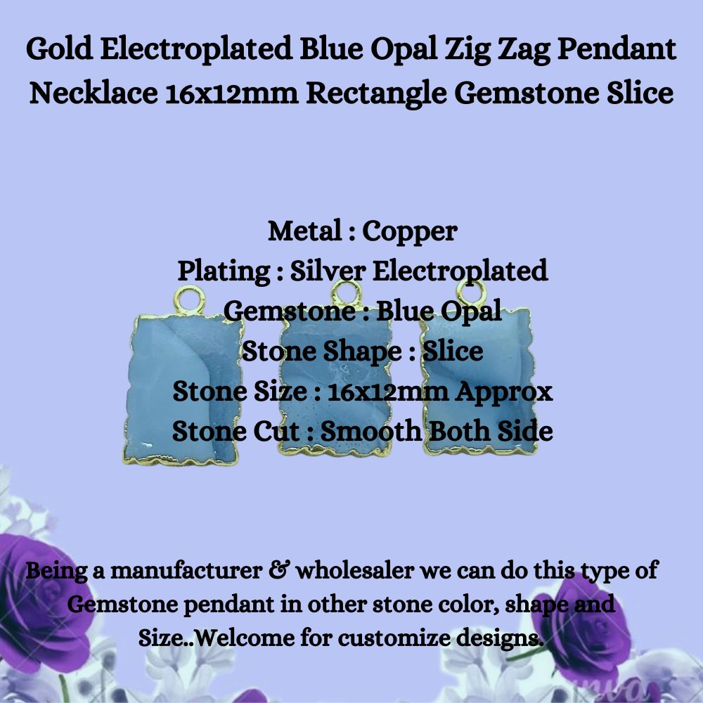 Elegant Blue Opal Zig Zag Pendant Necklace, 16x12mm Rectangle Gemstone Slice, Gold Electroplated