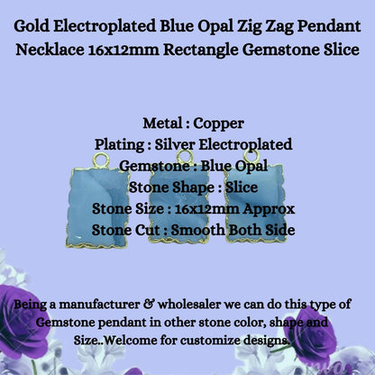 Elegant Blue Opal Zig Zag Pendant Necklace, 16x12mm Rectangle Gemstone Slice, Gold Electroplated