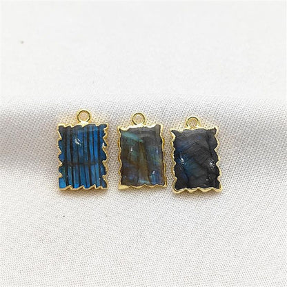 Gold Electroplated Labradorite Rectangle Gemstone Slice Pendant, Handmade Zig Zag Design Jewelry