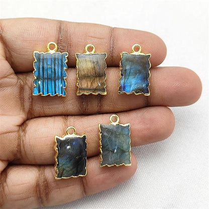 Elegant Handmade Gold Electroplated Labradorite Gemstone Pendant, Rectangle Zig Zag Slice Jewelry