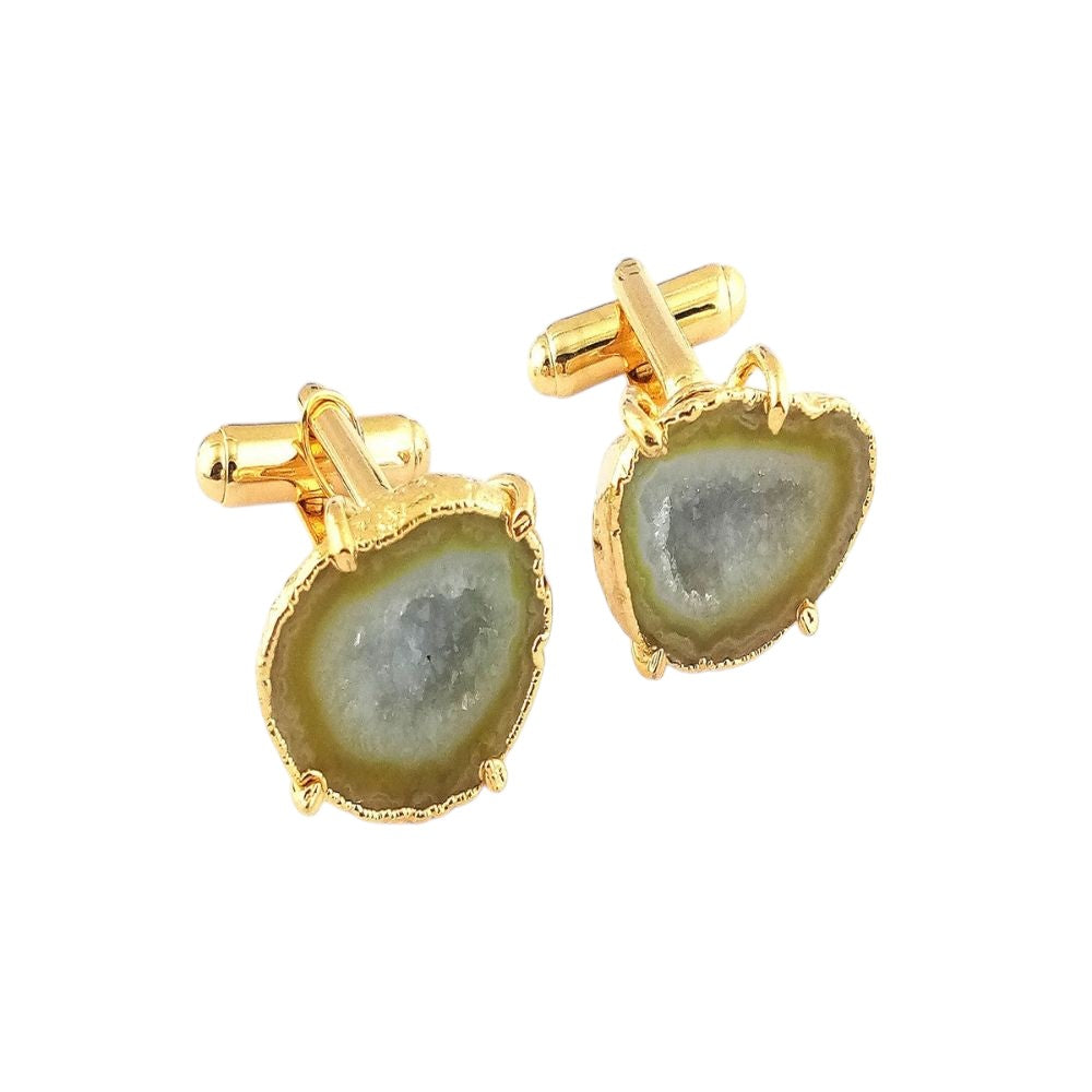 Handmade Yellow Druzy Geode Cufflinks - Gold Electroplated Natural Stone Men’s Set