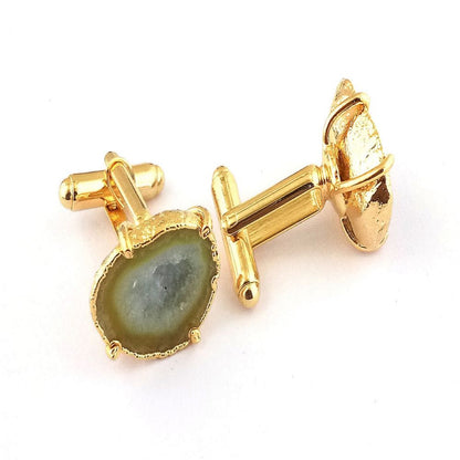 Yellow Druzy Cufflink Set for Men - Handmade Gold Electroplated Natural Geode Stone (Pair)