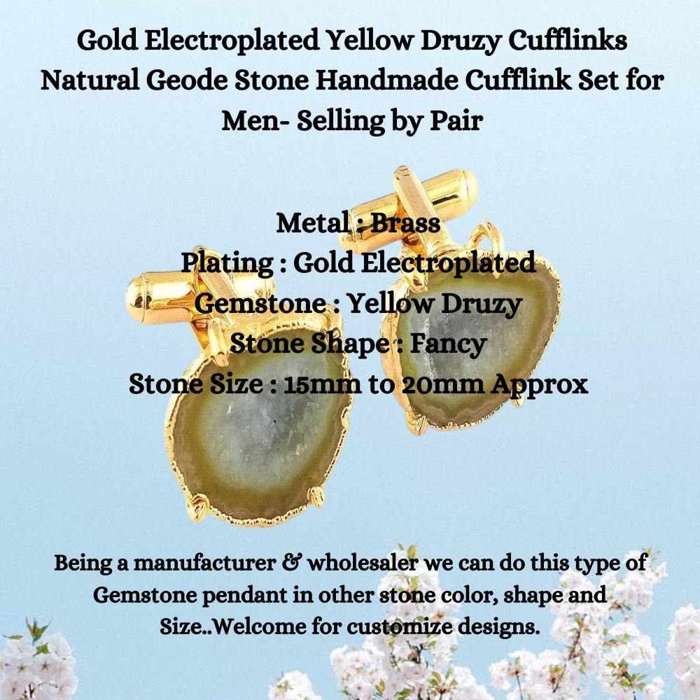Natural Yellow Druzy Geode Cufflinks - Gold Electroplated Handmade Men’s Jewelry Pair