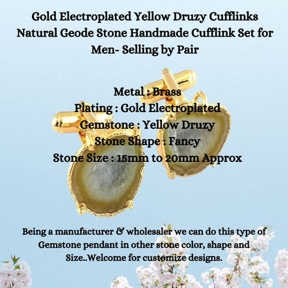 Natural Yellow Druzy Geode Cufflinks - Gold Electroplated Handmade Men’s Jewelry Pair