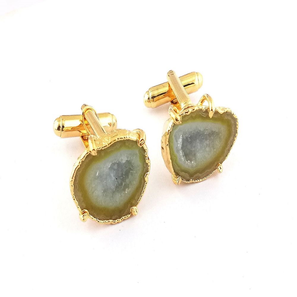 Gold Electroplated Handmade Yellow Druzy Geode Cufflinks - Natural Stone Set for Men