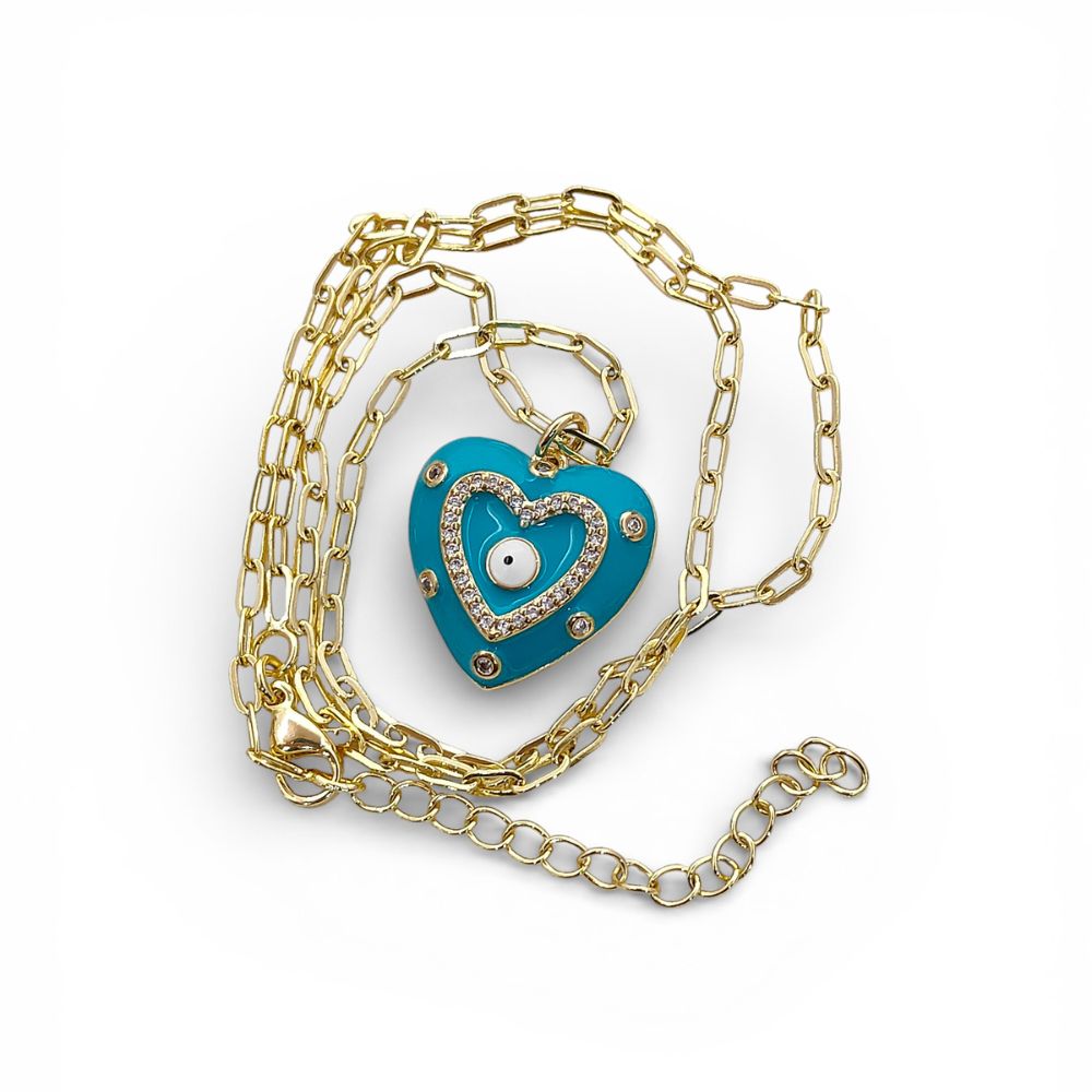 Gold Enamel Colorful Evil Eye Heart Charm Necklace CZ Micropavé Protective Love Jewelry for Women – Selling Per Piece