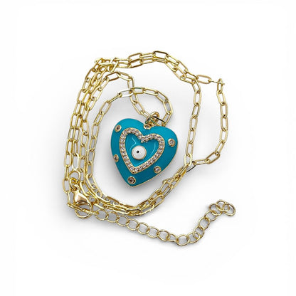 Gold Enamel Colorful Evil Eye Heart Charm Necklace CZ Micropavé Protective Love Jewelry for Women – Selling Per Piece